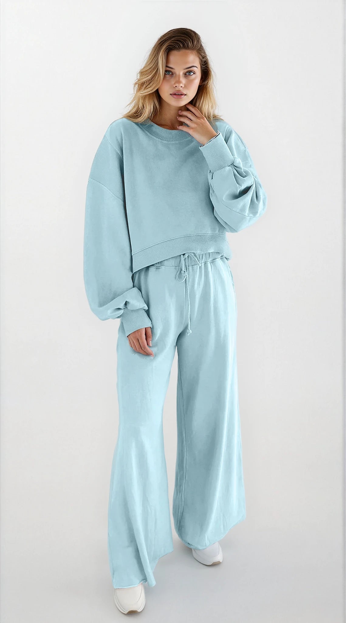 Mist Blue Drop Shoulder Crop Pullover Drawstring Wide Leg Pants Set